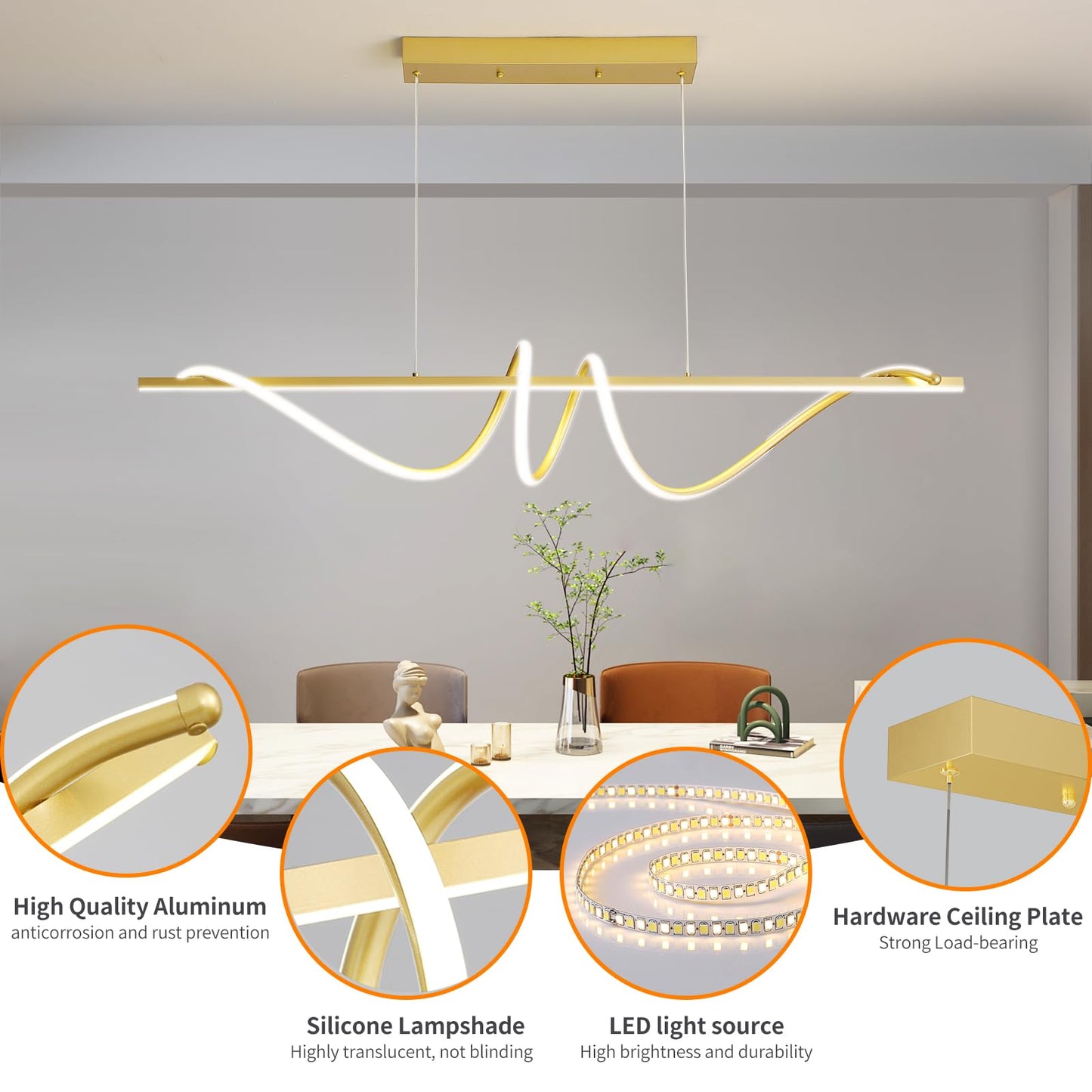Mikeru Modern LED Pendant Light, Dimmable Chandelier 59in, Aluminum, Gold, Model LX-120, Adjustable Color Temperature 3000K-6500K