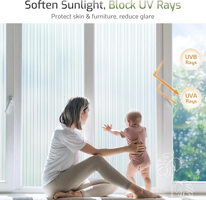 LUTE Reeded Glass Window Privacy Film, Frosted Glass Film, Removable 3D Decorative Decals Sun Blocking Anti UV Door Window Cover, No Glue Static Cling Vinyl for Bathroom Home Office, 35.4" x 157.4"