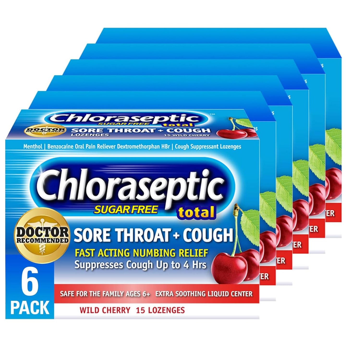 Chloraseptic Total Sore Throat + Cough Lozenges, Sugar-Free Wild Cherry Flavor, 15 CT, 6 Pack
