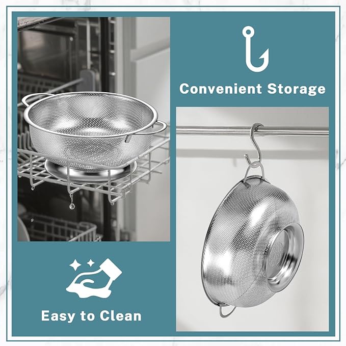 Pleafind 18/8 Stainless Steel Colander for Kitchen - 5 qt and 3 qt, Rapid-Flow Strainers and Colanders with Handle, Pasta Strainer with Sturdy Base for Stable Use, Rust-Resistant & Dishwasher Safe