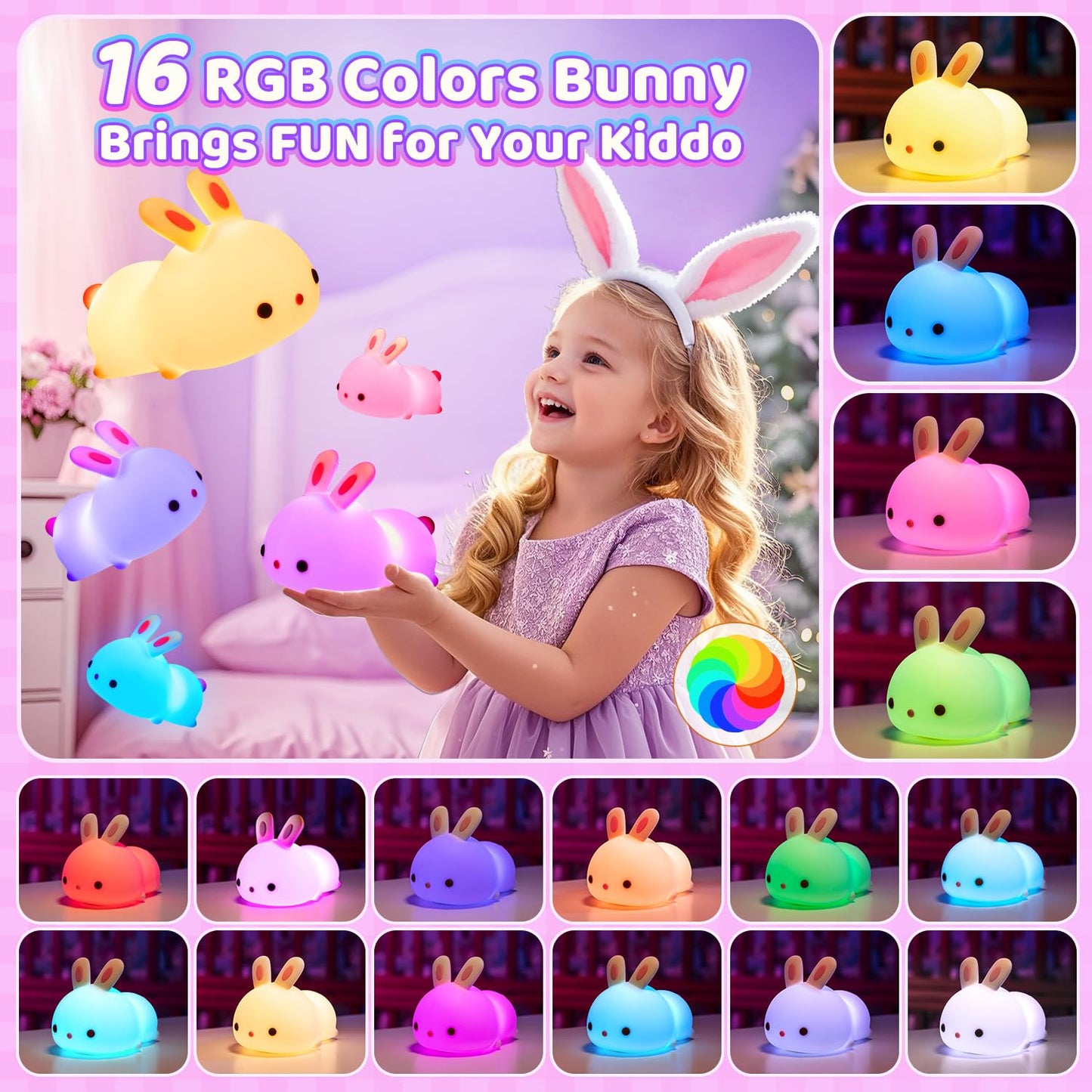 One Fire Bunny Night Light For Kids 16 Colors+ Silicone Soft Toddler Night Light  Dimmable+Rechargeable Nightlight For Kids Room  Easy Tap Control Bunny Lamp  Rabbit Lamp  Cute Stuff  Gifts For Girls