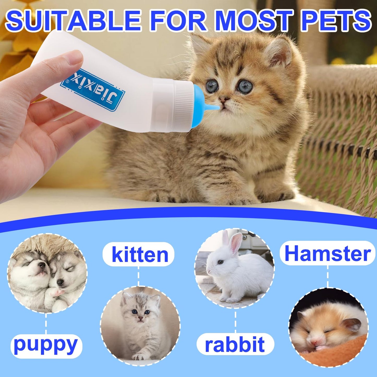 3 Pack Kitten Silicone Nursing Bottle,Silicone Feeding Nipple, Reusable Newborn Kitten Supplies, Suitable for Feeding Kitten, Puppy, Rabbit, Hamster (Blue, Small+Medium+Large)