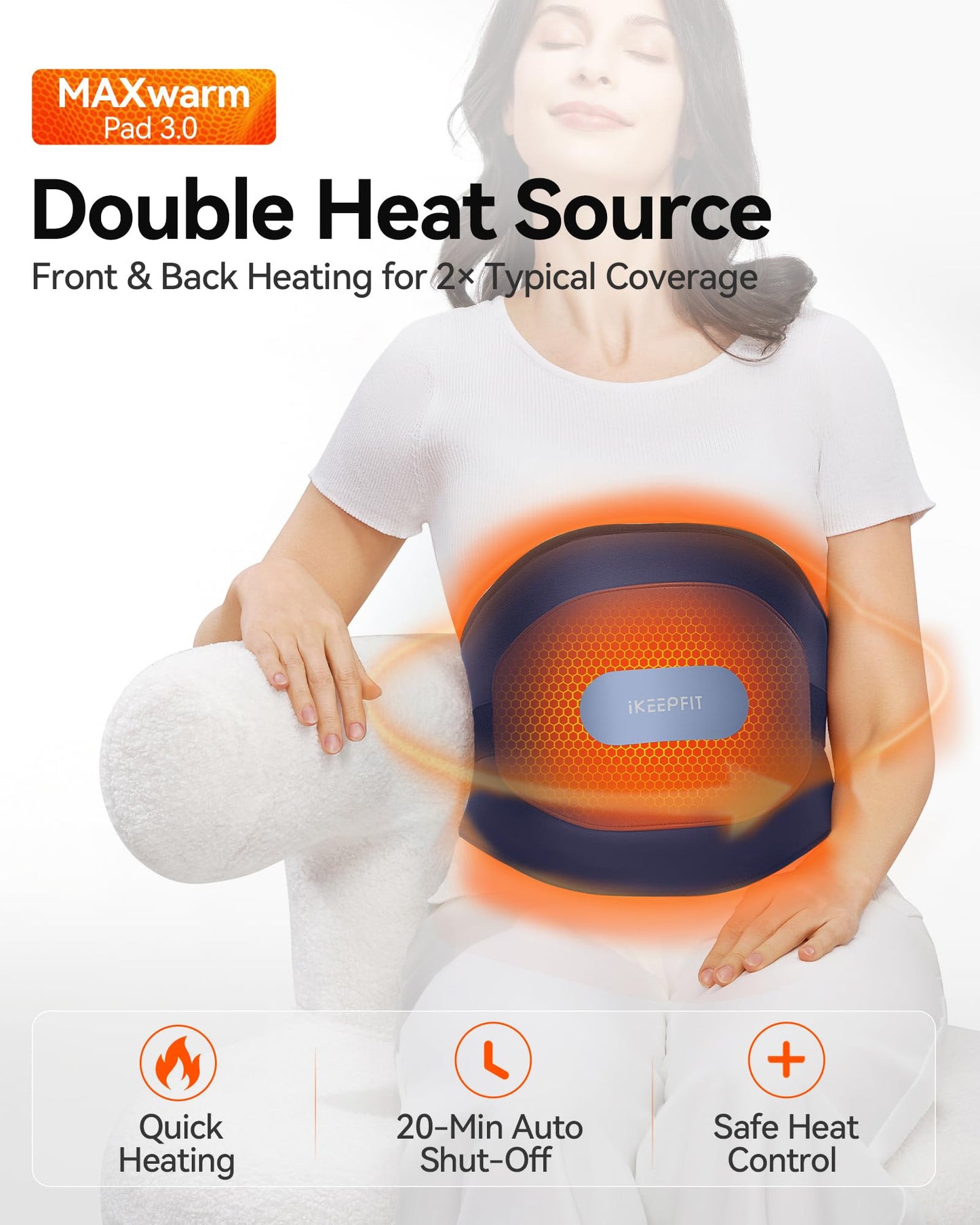IKEEPFIT Portable Heating Pad for Back, Cordless Wearable Heat Belt with Massager for Lower Back Pain Relief, Battery Powered 8000 mAh Rechargeable, MAXwarm® 3.0, Gift for Women Men 90-310 lbs