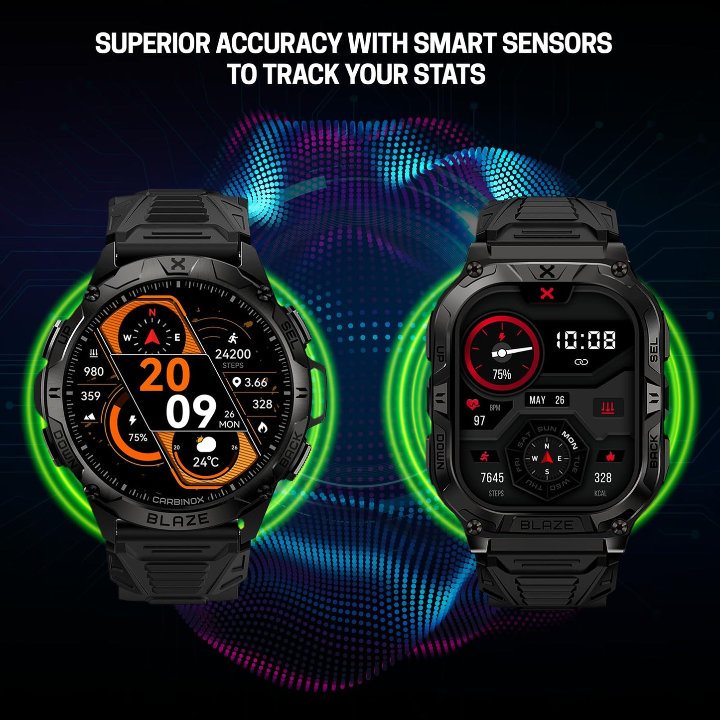 CARBINOX Blaze Smart Watch Double Pack with GPS, Rugged Fitness Tracker Waterproof IP69K, Compatible with Android and iOS, 170+ Sports Modes, Make/Receive Calls