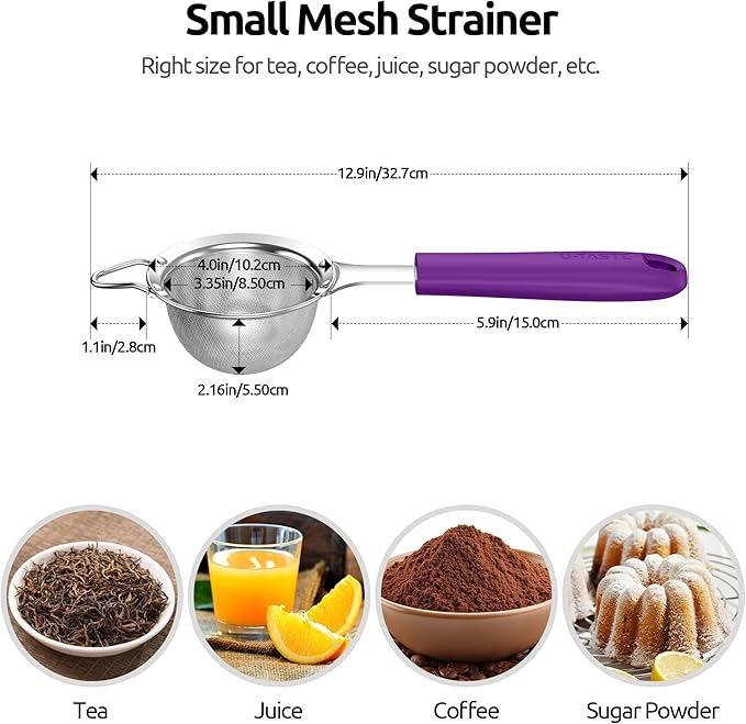 U-Taste Fine Mesh Food Strainer: 18/8 Stainless Steel 30 Mesh Kitchen Sieve with Sturdy Riveted Silicone Handle, Heavy Duty Deep Handheld Metal Colander (Small/3.35in+Medium/4.73, Purple)