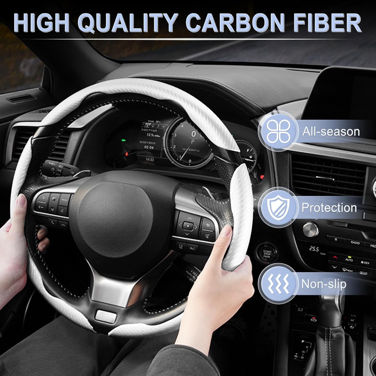 Amiss 3pcs Carbon Fiber Anti-Skid Steering Wheel Cover, Segmented & Butterfly Design, Universal 99% Car Wheel Cover Protector, White
