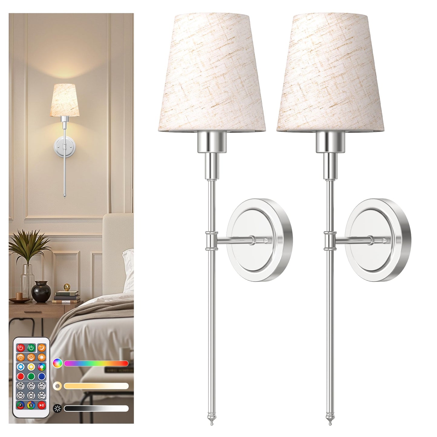 DORESshop Battery Operated Wall Sconce Set of 2, Chrome and Linen, 24.6 Inch, Wireless Easy Install, Wall Decor for Bedroom and Living Room
