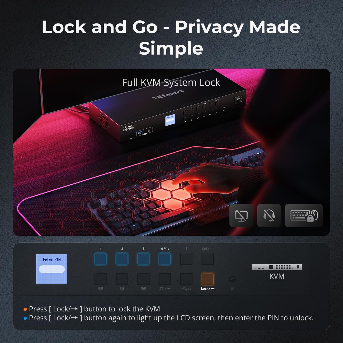 TESmart USB 3.0 KVM Switch 3 Monitors 4 Computers 4K@60Hz, HDMI+DP KVM Docking Station, EDID Emulators, 1G Ethernet, Hotkey Switch, 2K@144Hz for Gaming & Home Office, Audio & Mic with All Input Cables