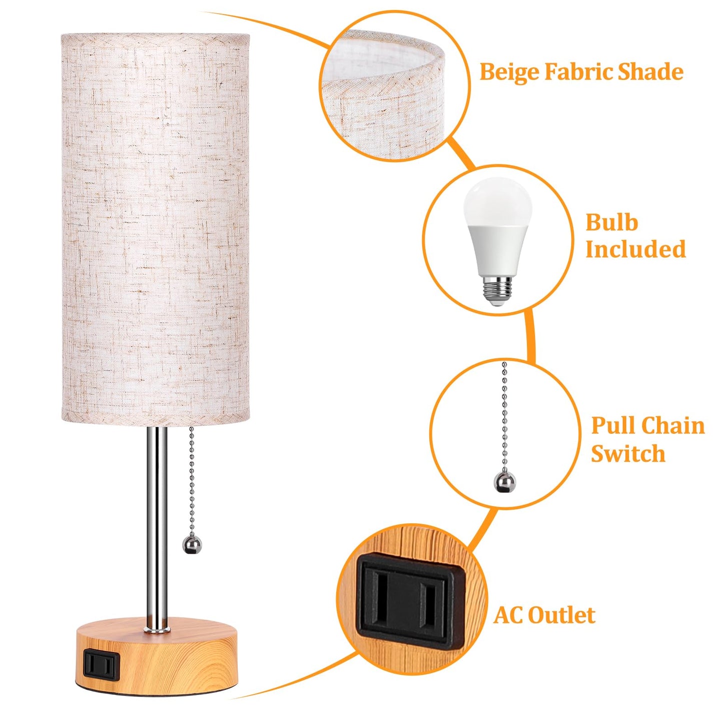 Dott Arts Table Lamp For Bedroom  3-Color Bedside Lamps With Pull Chain  Bedroom Table Lamps For Nightstand Ac Outlet Small Lamp For Living Room  Bulb Included Oatmeal