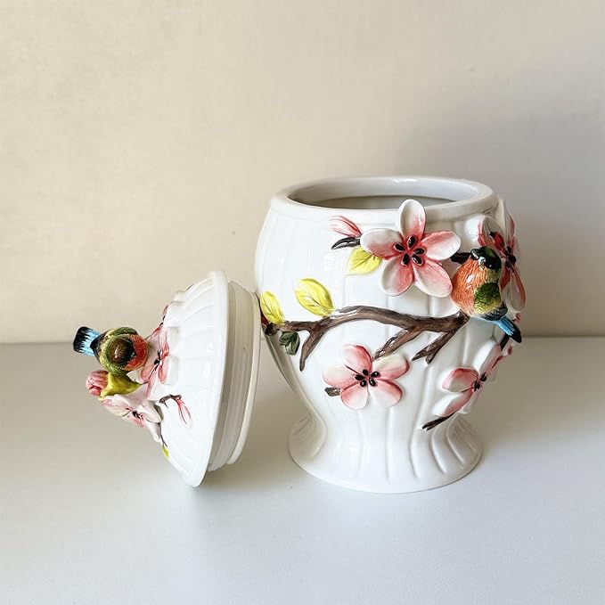 Ceramic Food Storage Containers with Lids, 3D Hand-painted Magnolia Flower and Bird for Home Kitchen Countertop Decorative Collection Jars