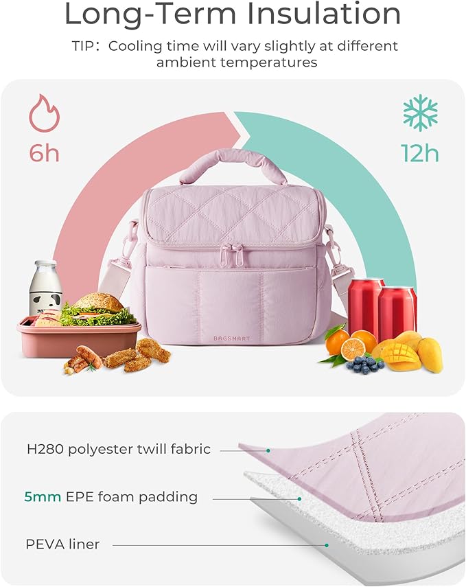 BAGSMART Insulated Lunch Bags for Women, Cute Quilted Lunch Box, Lightweight Puffy Padded Waterproof Lunch Tote, Reusable Lunch Cooler for Work Picnic Travel, Lavender Purple