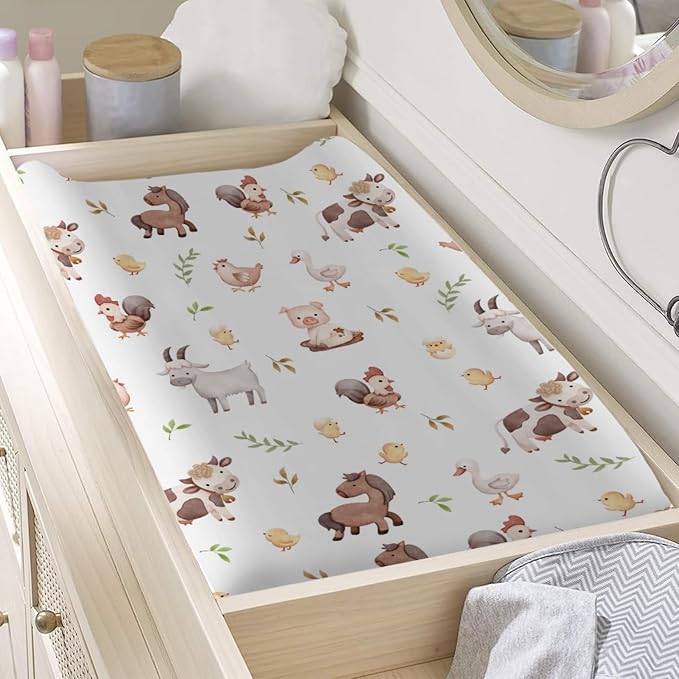 Baby Farm Life Changing Pad Covers for Boy Girl 32''x16'' Farm Animals Pig Goat Horse Cow Chick Rooster Duck Leaves Unisex Fitted Diaper Changing Pad Mats Soft Cradle & Bassinet Sheets
