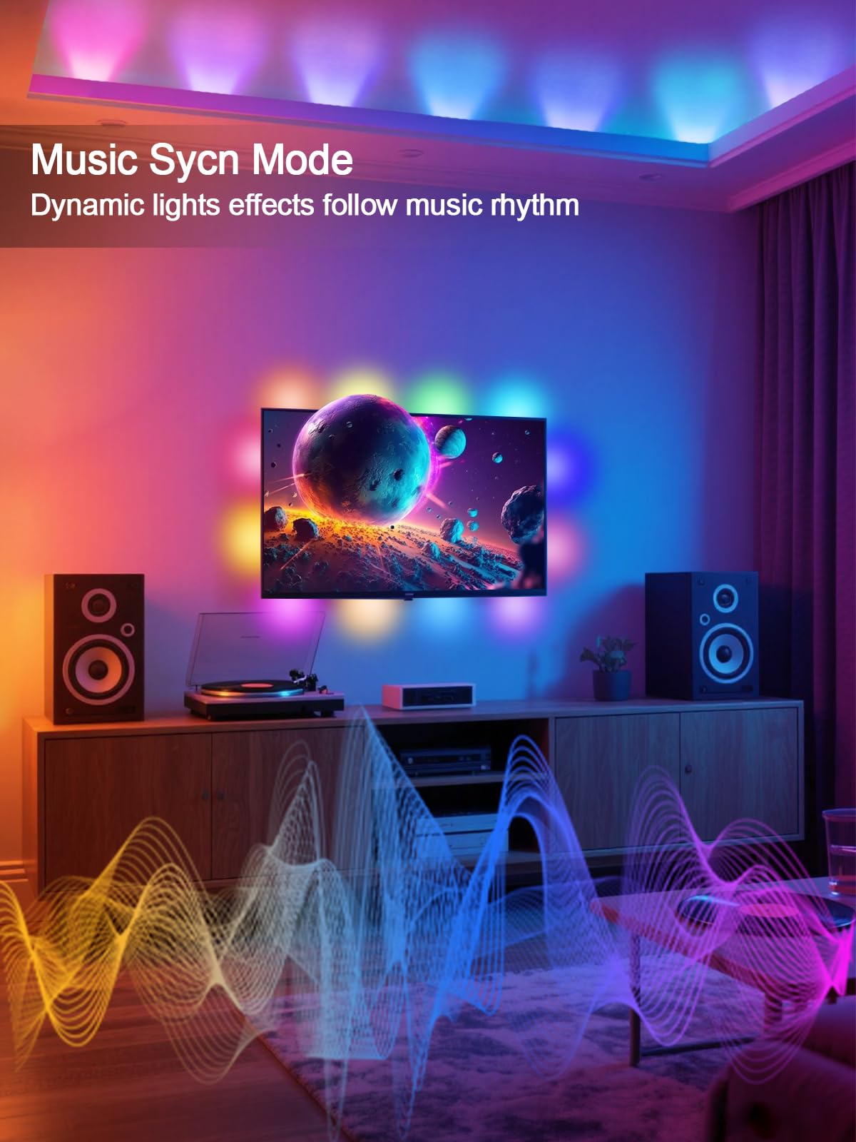 Tyute LED Strip Lights for 35-55in TV, 9.8ft RGB Color Changing Backlight, Music Sync, Remote Control, Plastic, Model T-DSTJD-3M