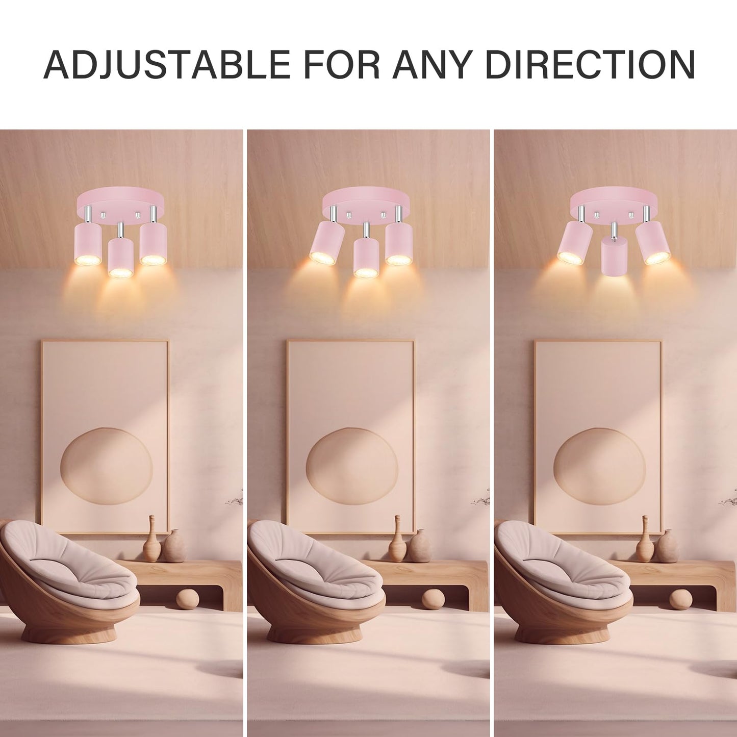 Bricosmocon 3 Light Track Lighting Fixtures Ceiling  Pink Round Directional Spotlight Fixtures  Gu10 Flush Mount Ceiling Fixture  Adjustable Modern Led Track Light For GirlS Room  Bulb Not Included