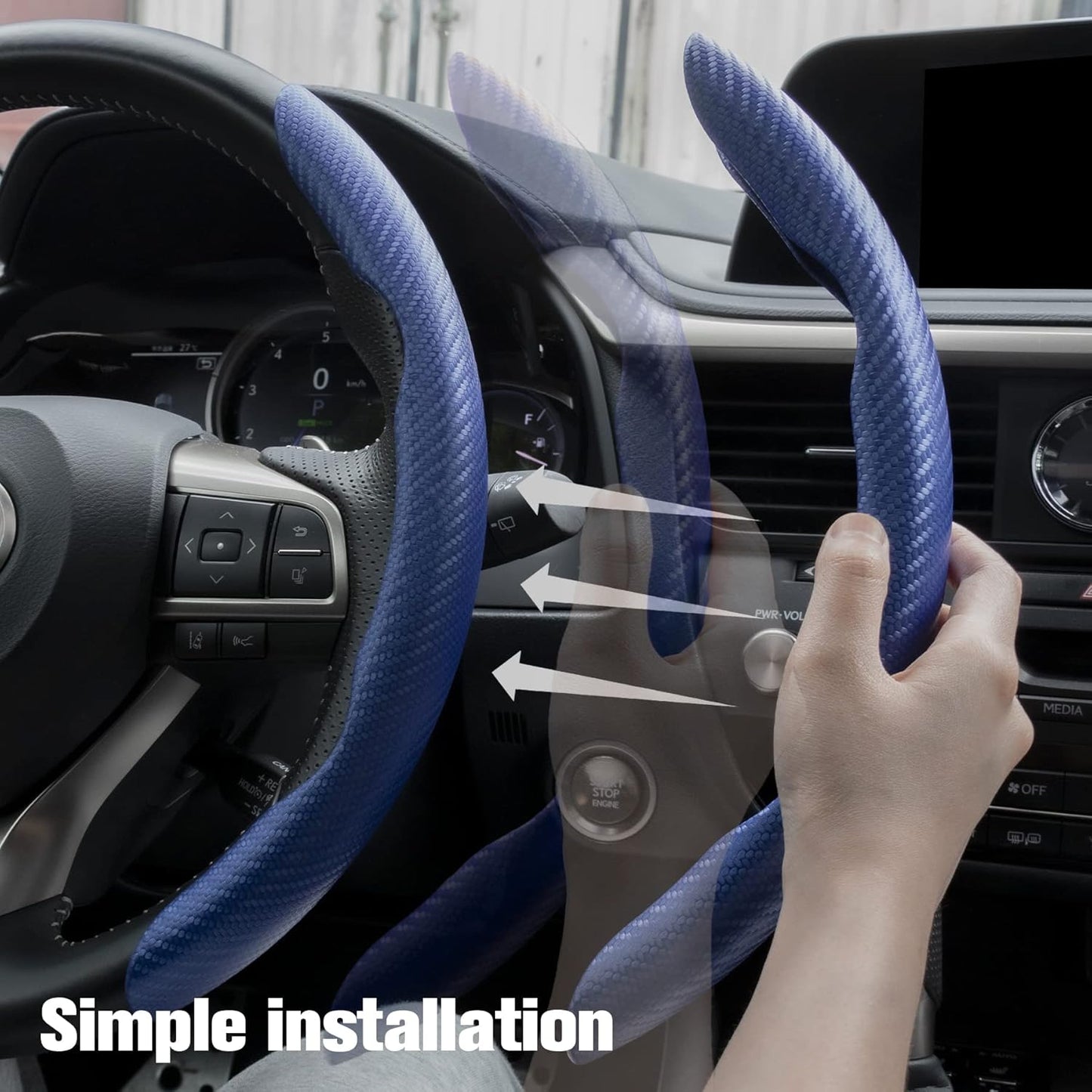 Amiss Car Carbon Fiber Anti-Skid Steering Wheel Cover, Segmented Protector, Butterfly Universal 99% Cover Interior Accessories (Blue)
