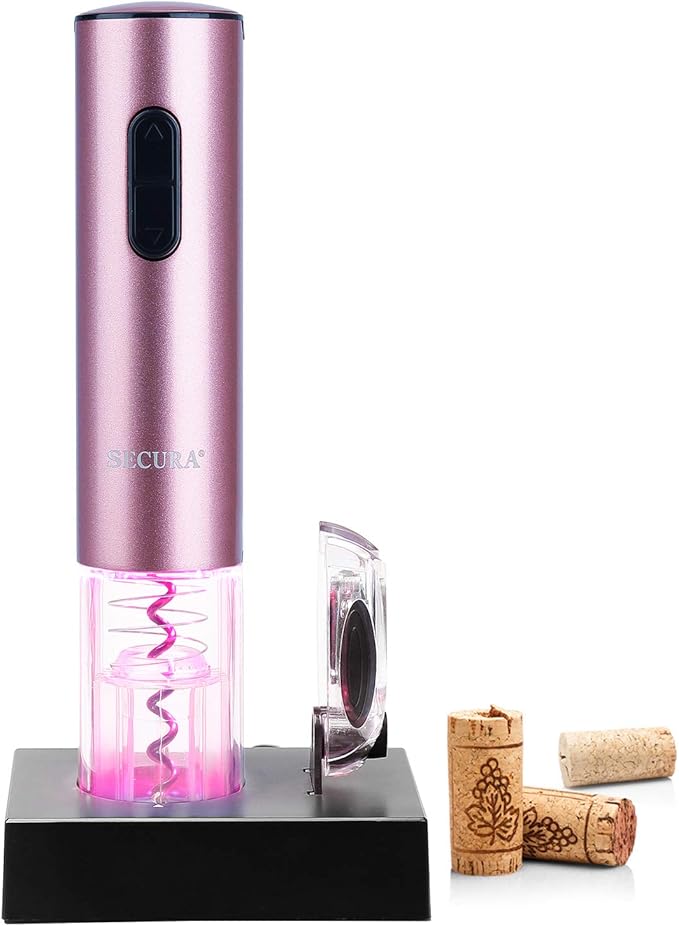 Secura Electric Wine Opener, Automatic Electric Wine Bottle Corkscrew Opener with Foil Cutter, Rechargeable (Rose Gold)