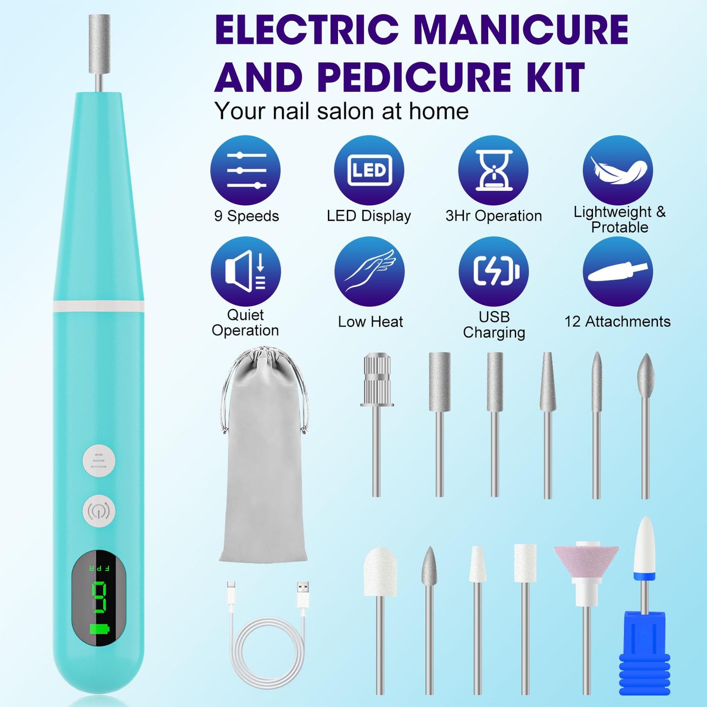 Cordless Nail Drill, Super Lightweight Electric Nail File, Low Noise Electric Nail Drill with 9 Speed & LCD Display, Wireless To