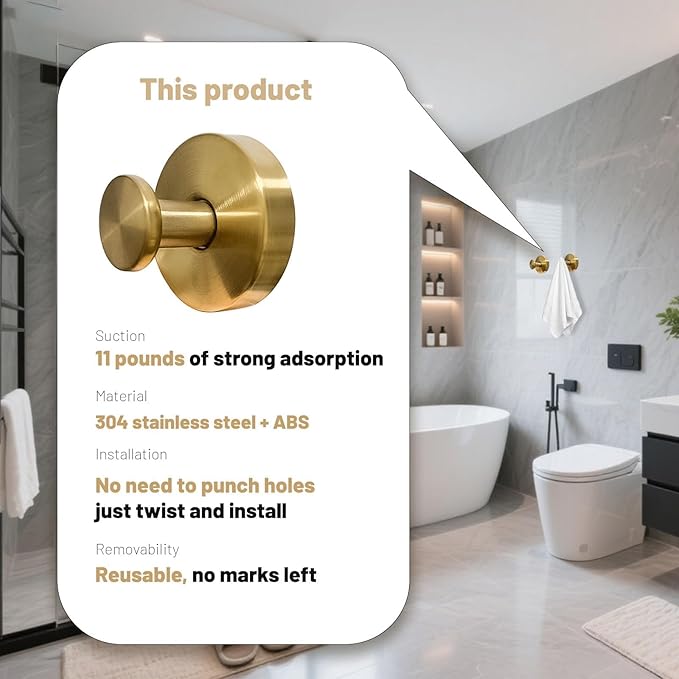 4Pcs Suction Cup Hooks, Wreath Hangers for Front Door, Strong Hold No Drill Hangers for Bathroom, Kitchen, Glass, Tile, Perfect for Wreaths (Gold)