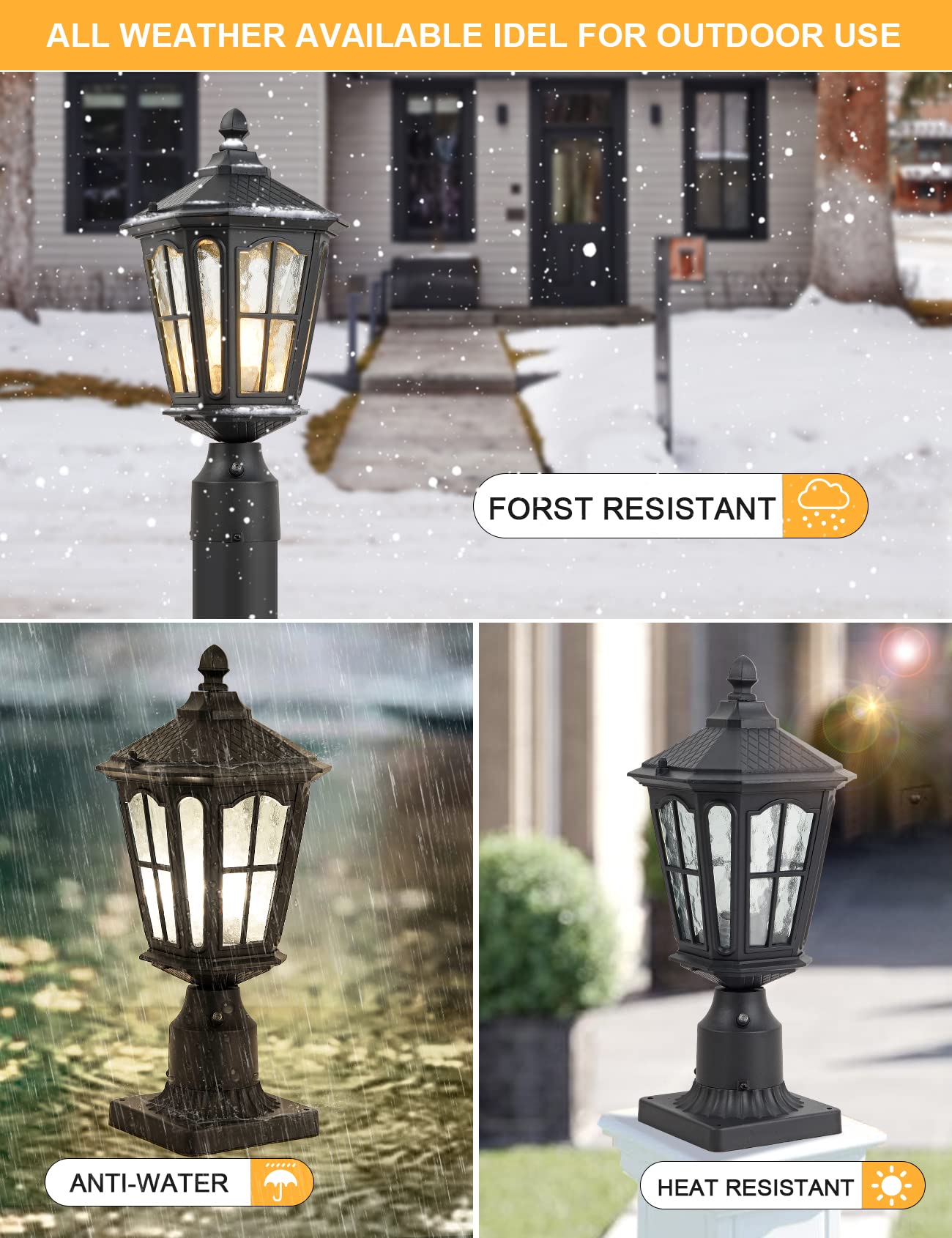 GYDZ Post Light Outdoor Fixture, 17in H, Waterproof IP65, Die Cast Aluminum, E26 Base, Matte Black, Model B55V