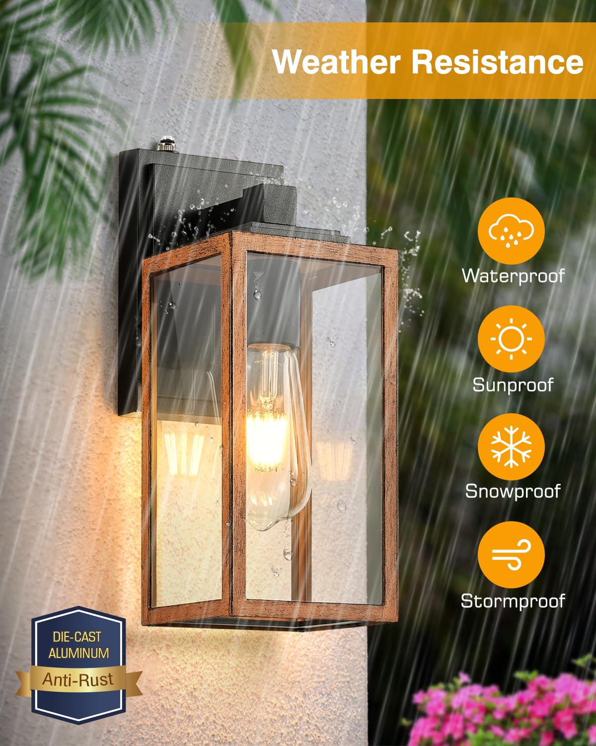 VIANIS Dusk to Dawn Wall Light Fixture, Waterproof Aluminum, Clear Glass, Wood Grain, Standard D2D, Model V8111