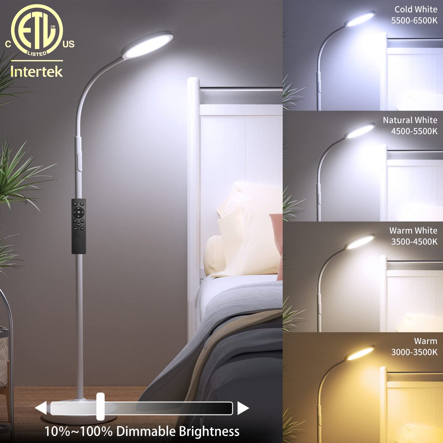 luckystyle Dimmable LED Floor Lamp with Remote, Adjustable Gooseneck, White, Model LK-1006
