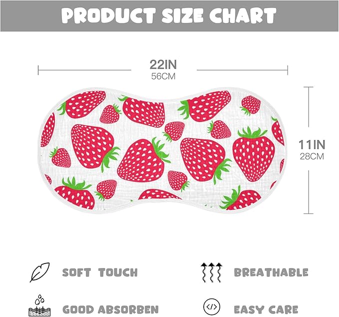 Muslin Baby Burp Cloths Set of 1, Soft Absorbent Cute Strawberry Muslin Washcloths, Bibs, Face Towel for Newborn Boys Girls, 22 x 11 Inch