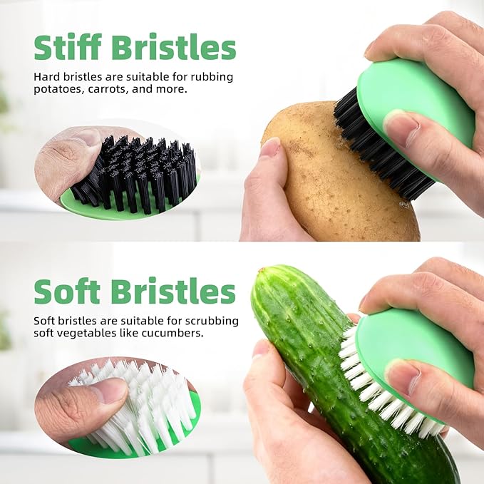 Vegetable Brush Scrubber for Food, Black Stiff Bristles Brush & White Soft Bristles Brush, Dishwasher Safe Ear-Hanging Veggie & Fruit Cleaning Brush for Potato, Mushroom, Carrot, Lemon, Egg