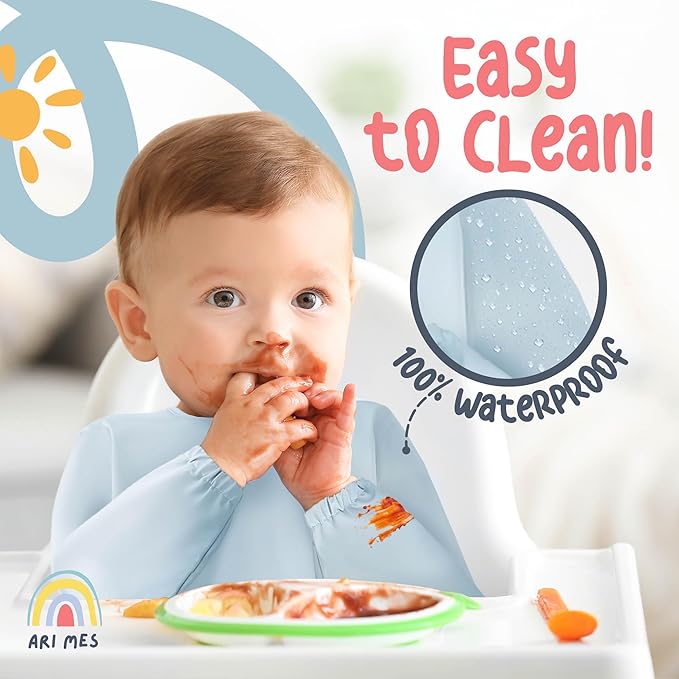 ARI MES Long Sleeves Waterproof Baby Bibs for Eating - Yellow Stripes, Medium- Wearable, Coverall for Toddler, Long Sleeve Bib, Smock for Toddler, Apron for Feeding - Applicable for 6-72 Months