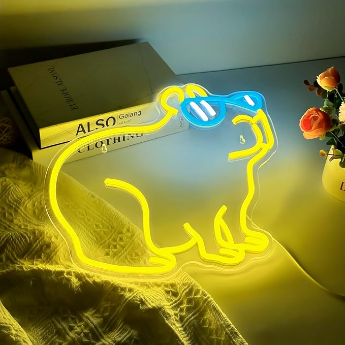 Cool Capybara Neon Sign, Dimmable Capybara Lemon Yellow LED Wall Light, Fun Cute Animal Night light Decor for Teens Room, Bedroom, Game Room, Pet Store, Birthday Party Gift