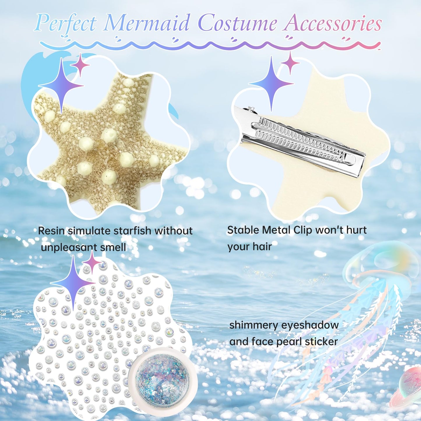 JELUTAR 3 Pcs Starfish Hair Clips Set, Mermaid Costume Accessories with Face Body Glitter and Pearl Stickers for Women Girls,Per