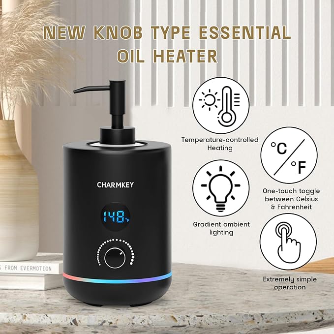 CHARMKEY Massage Oil Warmer Black, 2 Oil Bottle Dispensers & 2 Silicone Funnels, Digital Heater for SPA, Oil Lotion Cream for Salon, Barber Shops, Home