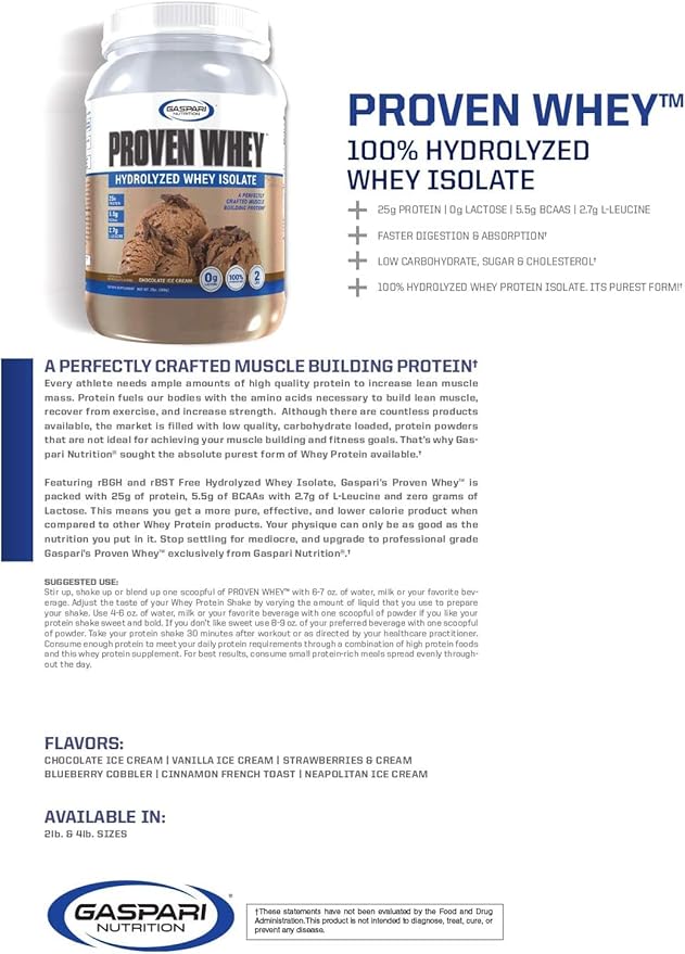 Gaspari Nutrition Proven Whey, 100% Hydrolyzed Whey Isolate, High Protein, Lactose Free, Low Carbohydrate and Low Sugar (4lb, Strawberries & Cream)