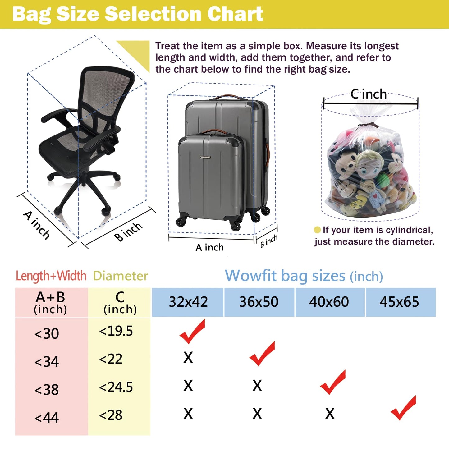 Wowfit 5 CT 45x65 inches Extra Large Clear Plastic Bags Perfect for Car Seat, Luggage, Suitcase, Stroller, Chair, Kids Bike and Attic Storage (2 Mil Flat Bags, Include 5 Ties)