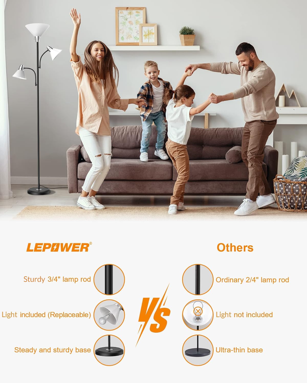 LEPOWER Floor Lamp with 5W Adjustable Reading Lights, 9W LED, Metal, Black, Model LP-US-MDFL-AS-03