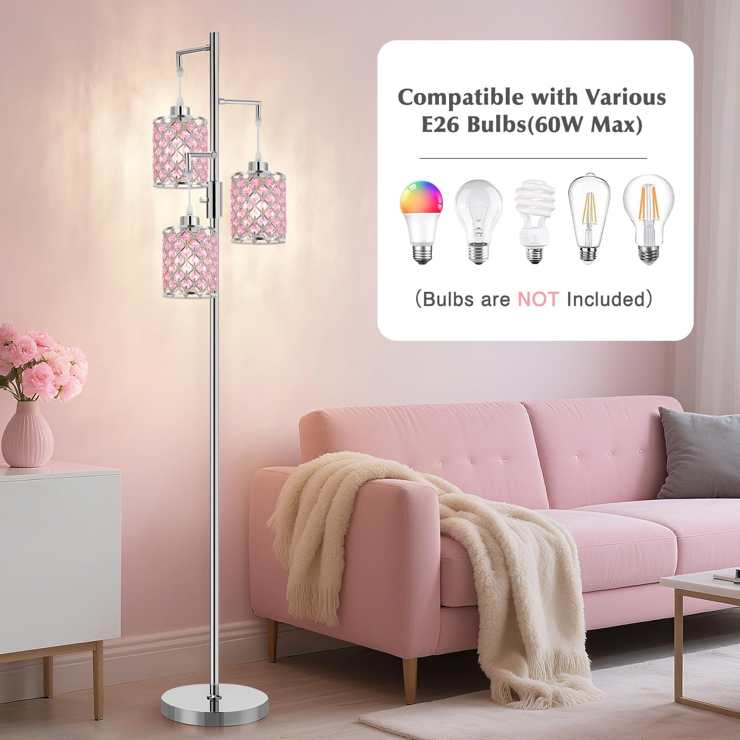 GyroVu Pink Crystal Floor Lamp, 3-Light Metal Standing Lamp, Easy Assemble, Model G-1FL-1769A