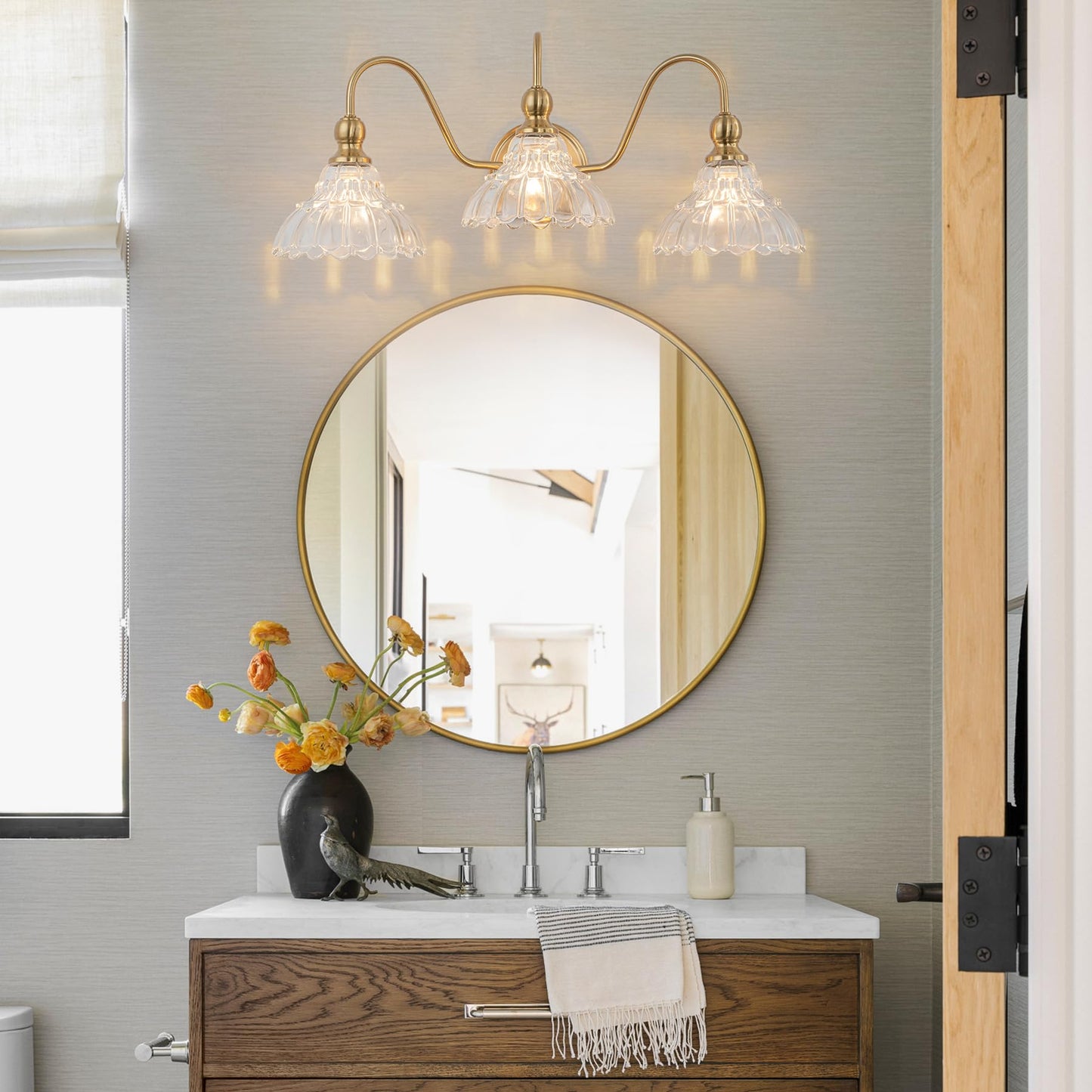Brknit Vintage Bathroom Light Fixtures Over Mirror  3-Light Brass Wall Sconce Lighting With Flower Glass Shade  Farmhouse Vanity Lights For Bedroom Kitchen Living Room Hallway Light