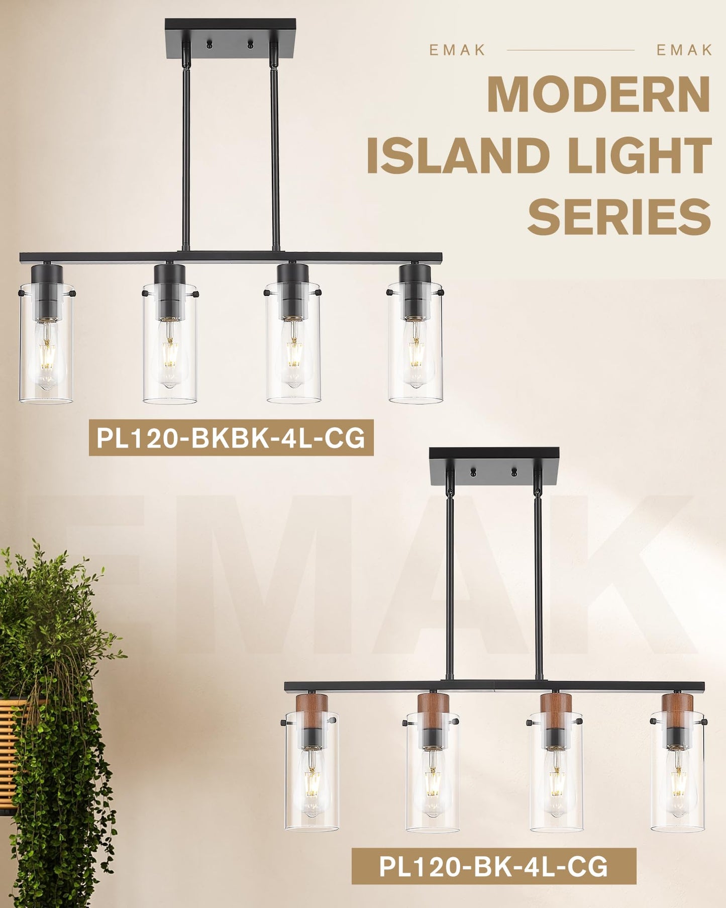 Emak Modern Black Kitchen Island Lighting  4-Light Dining Room Light Fixtures Over Table Farmhouse Linear Chandelier With Clear Glass Shade For Kitchen Dining Room  Pl120-Bkbk-4L-Cg