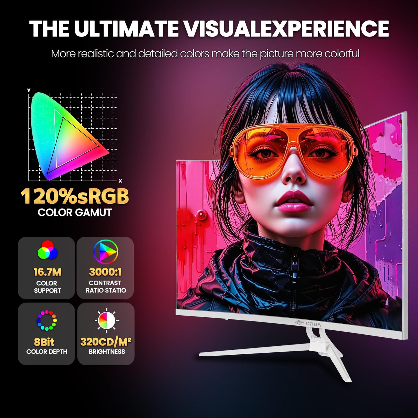CRUA 32" Curved Gaming Monitor, 144Hz/160Hz 4K UHD(3840 * 2160P) 1500R VA Screen, Supports AMD Freesync, 120% sRGB, Built-in Speakers, RGB Lighting, Wall Mountable Installs(HDMI 2.1/DP 1.4)-White