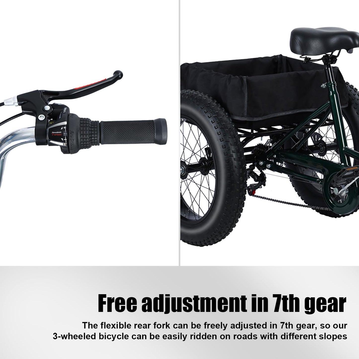 Snabcibs Adult Tricycle with 7-Speed Gear & 20" Fat Tires - Heavy Duty 450lbs Capacity 3 Wheel Bike for Adults/Seniors, Front/Rear Disc Brakes with Spacious Shopping Basket (Black)