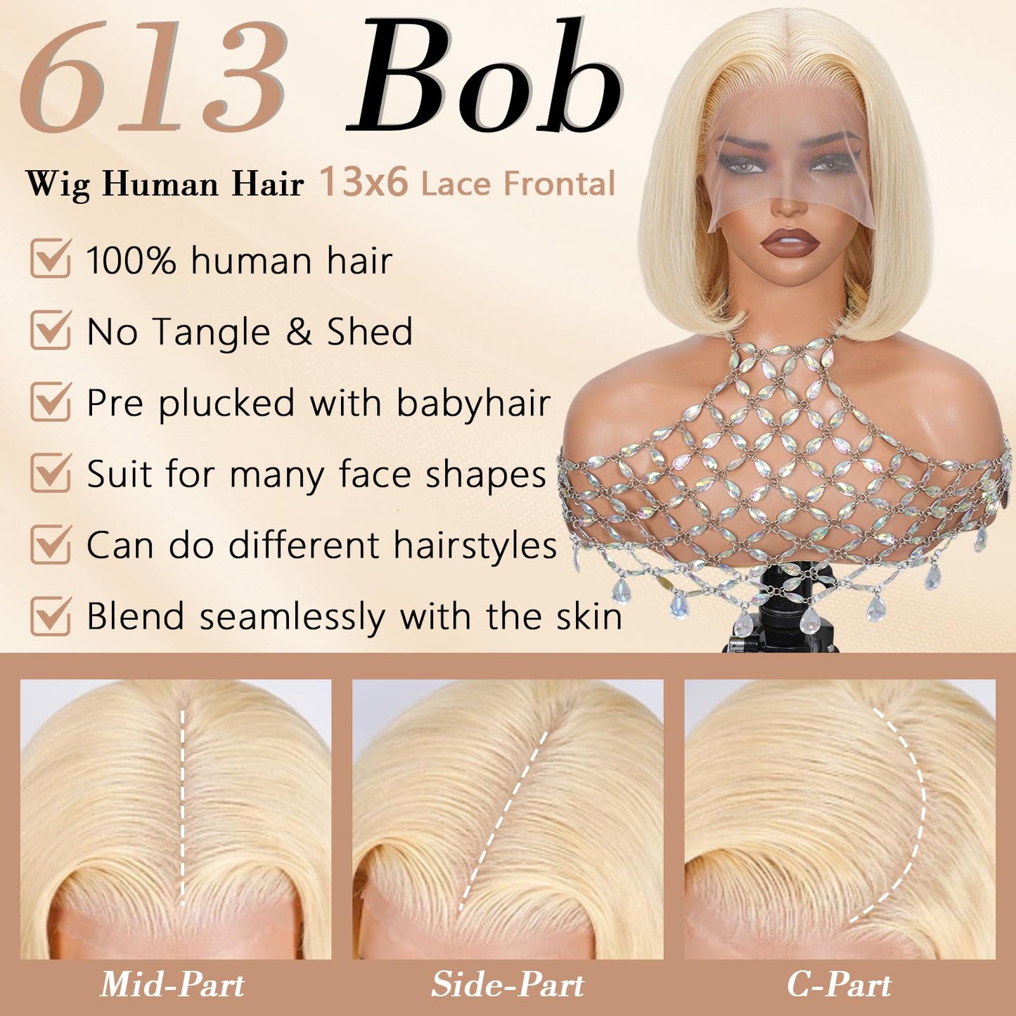 Blonde Bob Wig Human Hair 180 Density 12 Inch Straight 613 Bob Wig Human Hair 13x6 HD Lace Frontal Wigs, 100% Real Human Hair 61