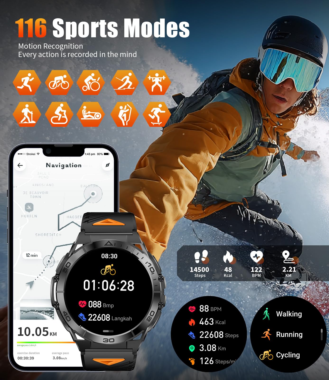 HIRREO EF16 Smart Watch for Men (Answer/Make Calls), 1.6" AMOLED HD Fitness Watches with LED Flashlight, 600mAh Battery/2 Straps/100+ Sports/IP68 Waterproof Smartwatch for Android iPhone Compatible