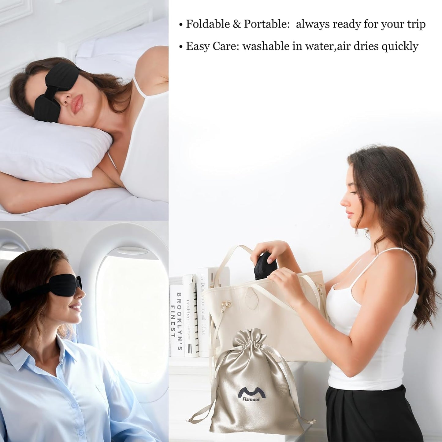 Fismool 100% Blackout Sleep Eye Mask for Women Men, Zero Pressure Sleeping Mask - Sleeping Mask and Eyelash Friendly Night Blindfold, Adjustable Ultra Soft Comfortable for Dry Eye Mask (Black)