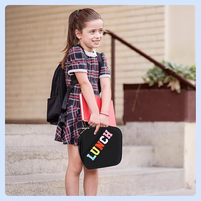 Lunch Bag Kids,Insulated Lunch Bag With Adjustable Shoulder Strap,Reusable Lunch Bag for Kids, Girls,Boys, lunch Bag Women,Preppy Lunch Box for School,Travel, Picnic (black)