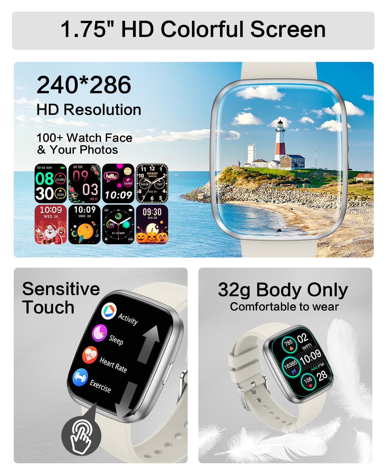 Smart Watches for Women, 1.75" Bluetooth Call, AI Voice Smartwatch, 24/7 Heart Rate Monitor, Blood Pressure/SpO2/Sleep Tracker, IP68 Waterproof, 100+ Sports Fitness Tracker for Android iOS Grey
