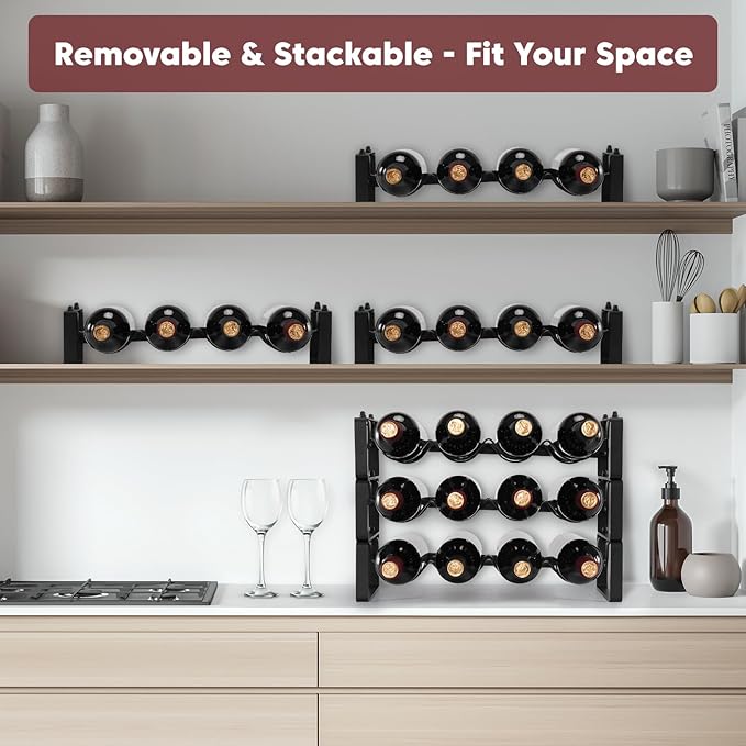 Stackable Wine Rack Countertop, 4 Bottles Wine Bottle Holder for Inside Cabinet, Small Tabletop Wine Holder Stand for Pantry Bar, 1-Tier Angle Adjustable Wine Bottle Rack for Tight Spaces