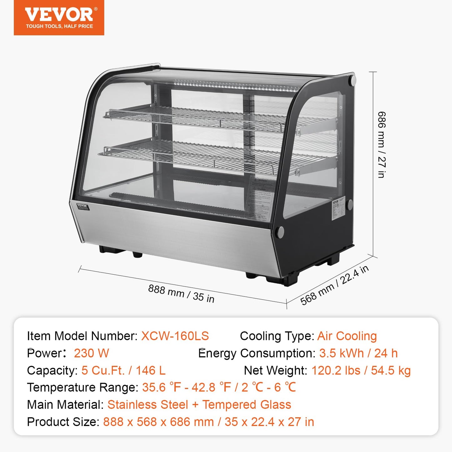 VEVOR Refrigerated Display Case, 5 Cu.Ft./146L Countertop Pastry Display Case, 2-Tier Commercial Display Refrigerator with LED Lighting, TURBO Cooling, Frost-Free Air-Cooling, for Bakery