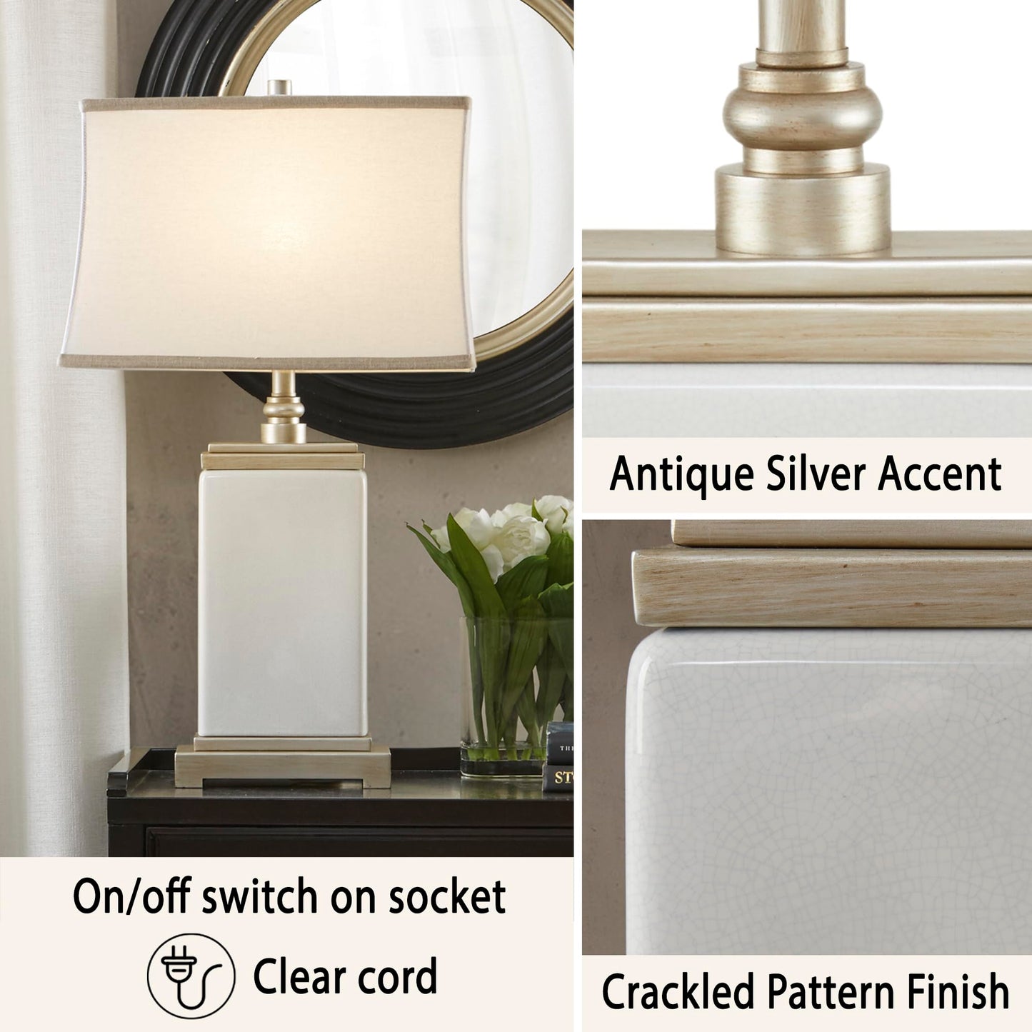 Hampton Hill Colette Table Lamp, Ceramic, Antiqued Silver Accent, 29.5in H, Ivory, Model MPS153-0025