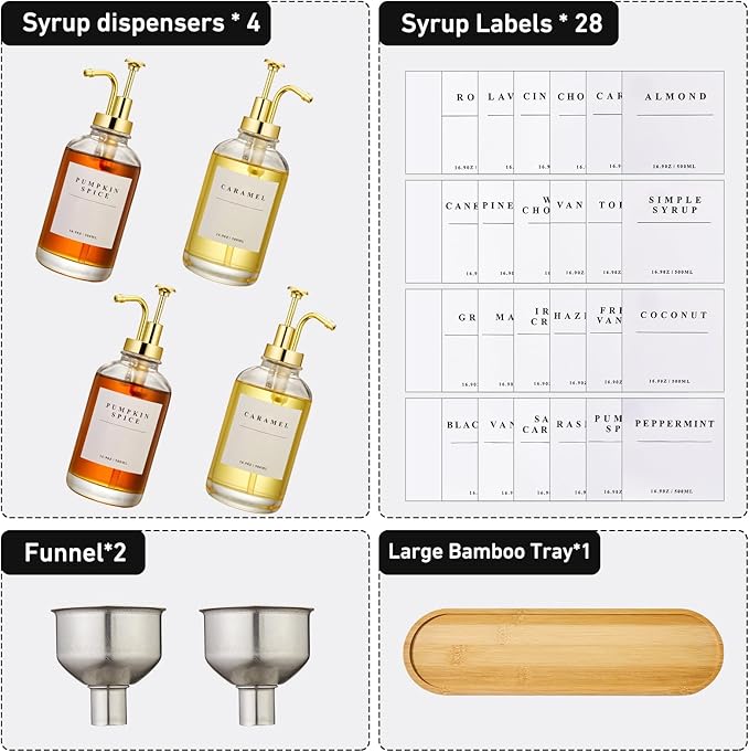 Coffee Syrup Dispenser for Coffee Bar, Coffee Syrup Pump Dispenser, Glass Syrup Bottle with Gold Upgraded Pump, 4 Pack 16.9 oz 500 ml Syrup Dispensers, 28 Labels and Large Bamboo Tray