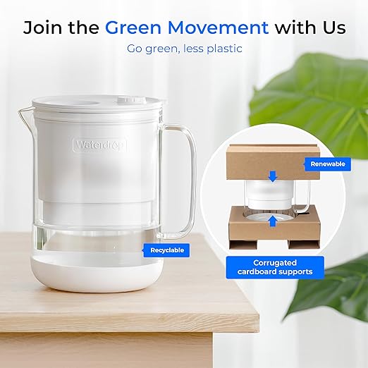 Waterdrop Glass Water Filter Pitcher with 1 Filter, Eco-friendly, with NSF 53&42&372 Certified Filter, 7-Cup, Reduces PFOA/PFOS, Chlorine, Cadmium, Copper, Mercury, BPA Free, Easy to Clean, White