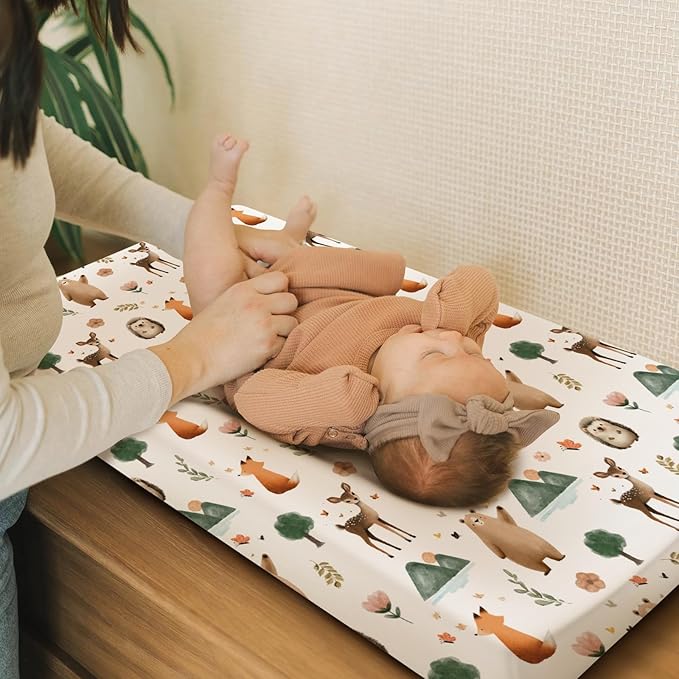 HawSkgFub Boho Animals Changing Pad Cover for Baby Girls Boys, Natural Forest Bear Deer Fox Diaper Change Table Covers, Soft Stretchy Safe Snug Fitted Changing Mat Sheets Fit 32"/34" x 16"
